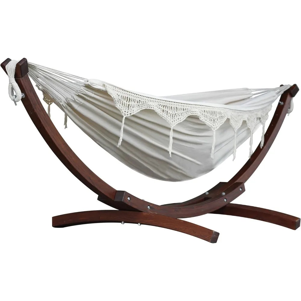 Double Cotton Hammock with Solid Pine Arc Stand