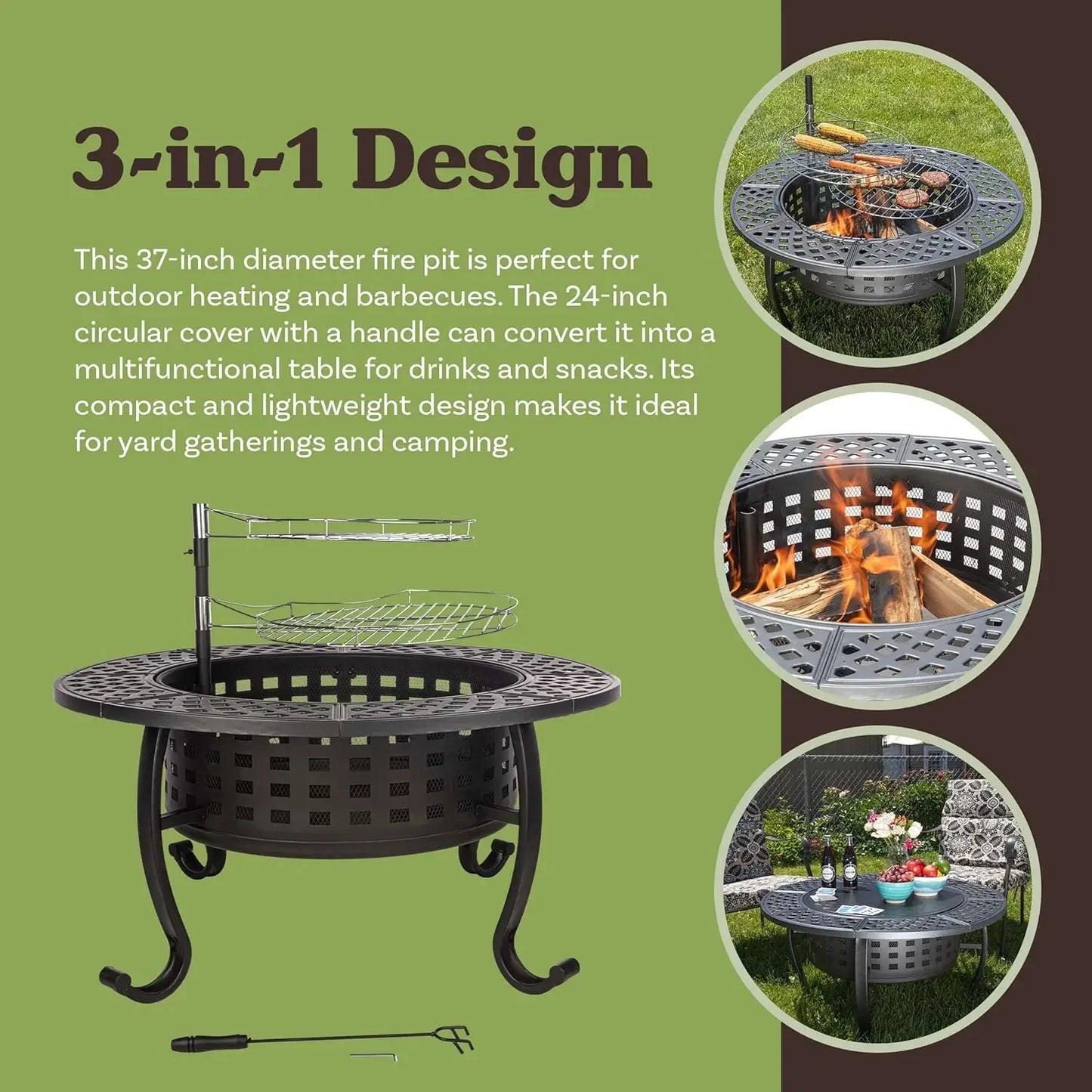 Outdoor Fire Table with 2 Grills, Lid, Poker, and Cover
