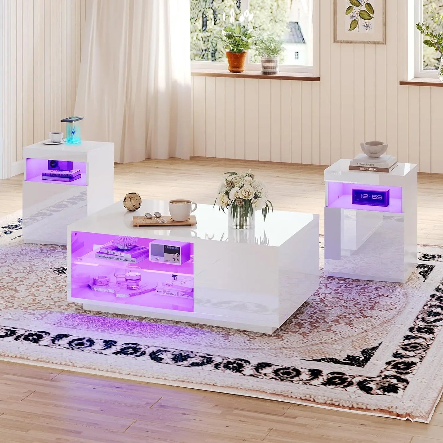 3-Piece Modern High Gloss LED Table Set with Wireless Charging Station