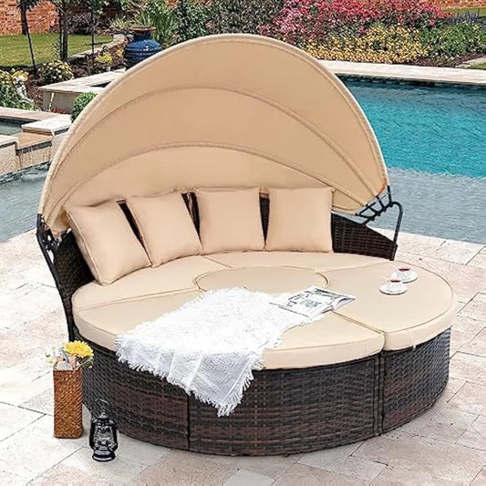 Outdoor Patio Round Daybed with Retractable Canopy