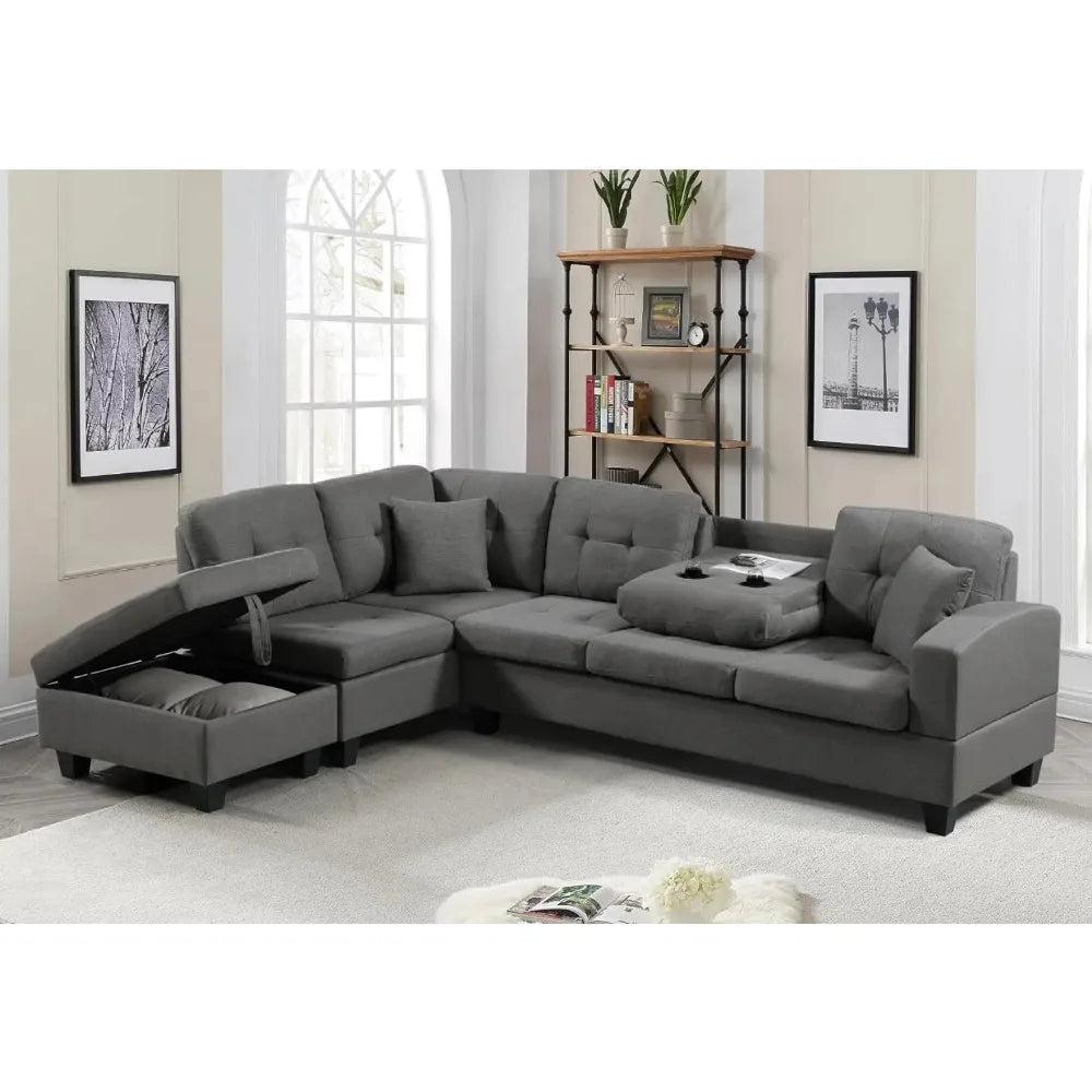 Living Room Furniture Sets,Reversible L-Shaped Sectional Sofa with Fabric Left Chaise,Storage Ottoman,Upholstered Coner Couch
