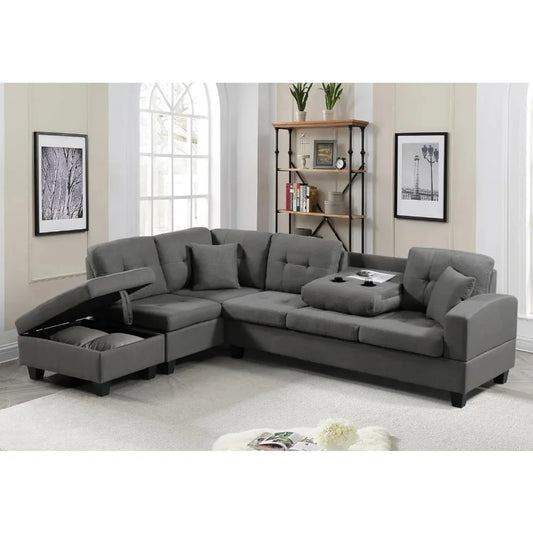Living Room Furniture Sets,Reversible L-Shaped Sectional Sofa with Fabric Left Chaise,Storage Ottoman,Upholstered Coner Couch