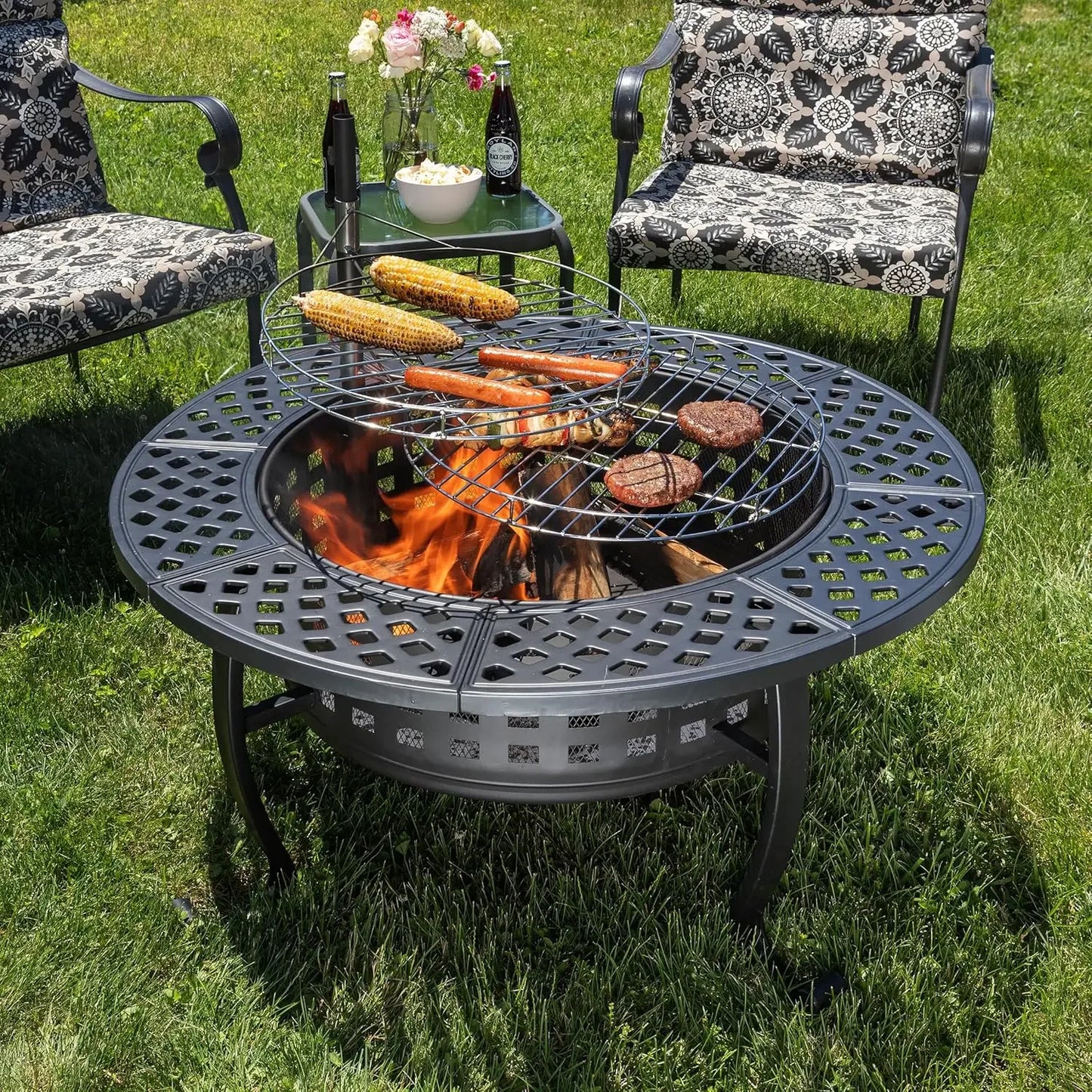 Outdoor Fire Table with 2 Grills, Lid, Poker, and Cover