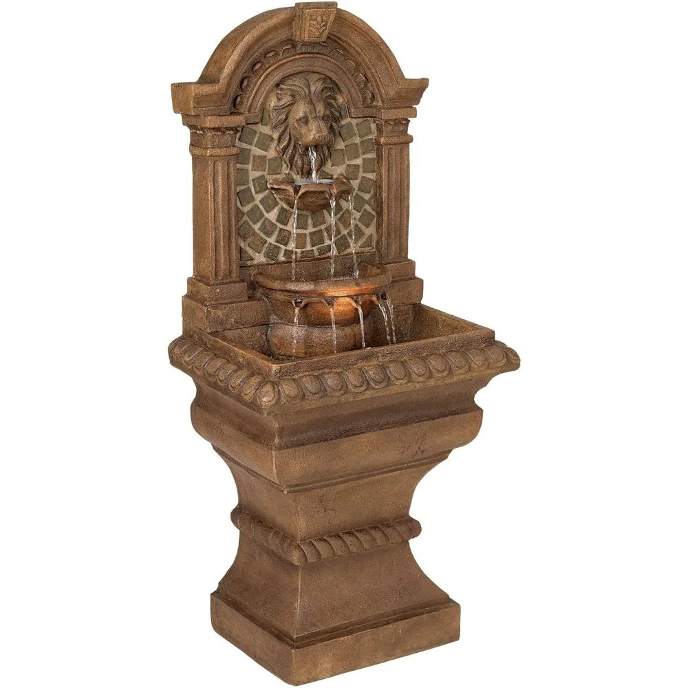 Royal Lions Head Mediterranean Outdoor 3 Tiered Wall Water Fountain