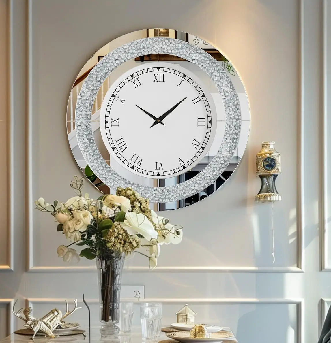 Bling Silver Round Mirror Clock