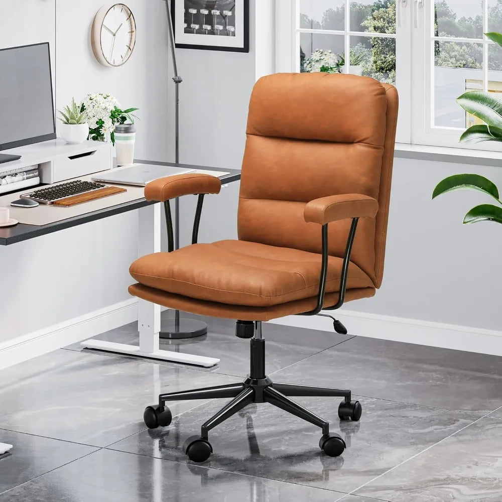 Brown Leather Mid Century Home Desk Chair with Padded Mid-Back Support
