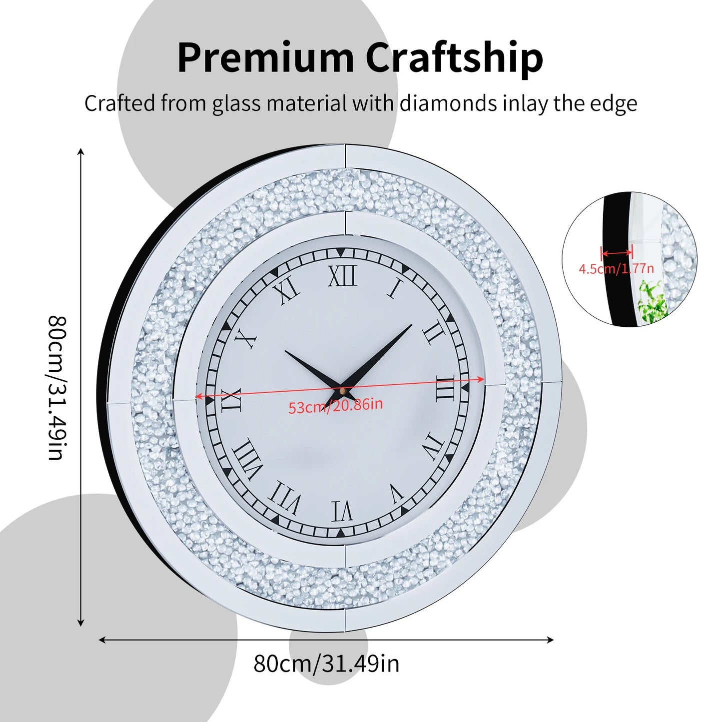 Bling Silver Round Mirror Clock