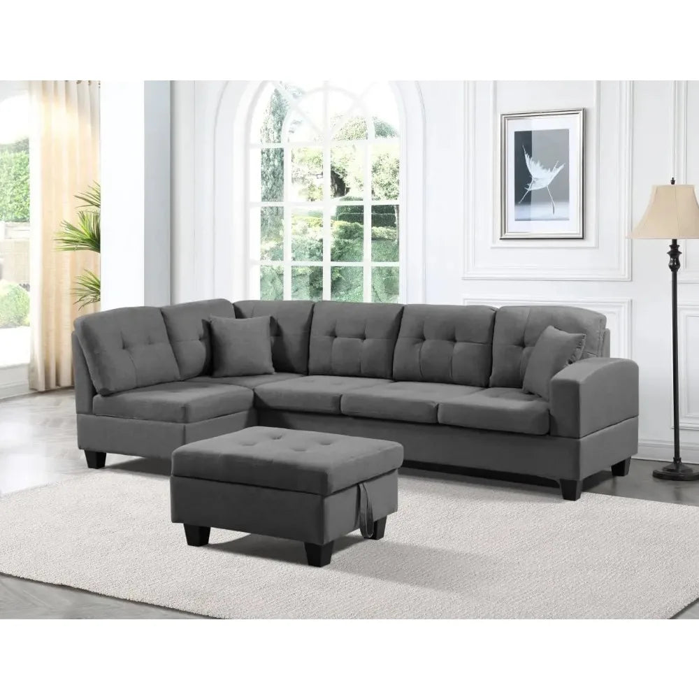 Living Room Furniture Sets,Reversible L-Shaped Sectional Sofa with Fabric Left Chaise,Storage Ottoman,Upholstered Coner Couch