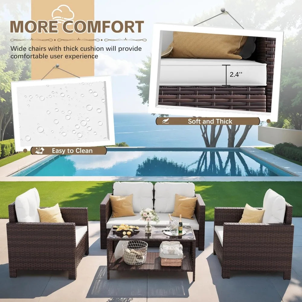 4 Pieces Patio Furniture Sets Rattan Chair Wicker Conversation Sofa Set