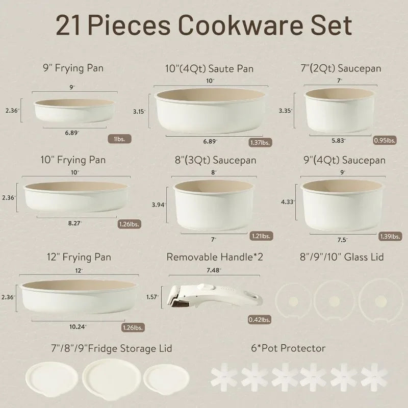 21pcs Detachable Handle Pots and Pan Set, Ceramic Nonstick Induction Cookware