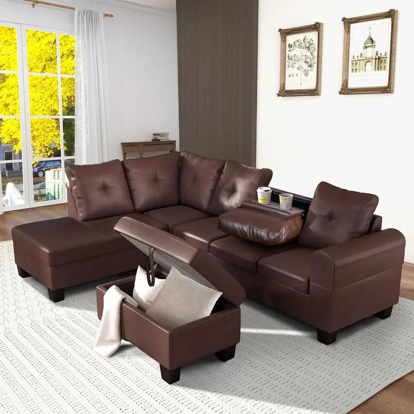 Living Room Furniture Sets,Reversible L-Shaped Sectional Sofa with Fabric Left Chaise,Storage Ottoman,Upholstered Coner Couch