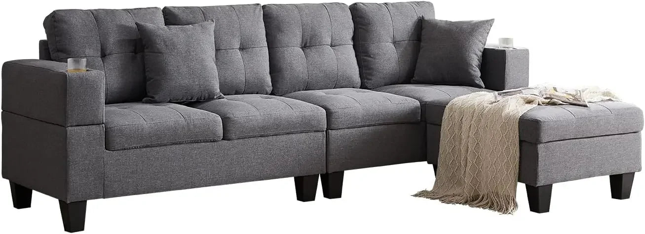 Living Room Furniture Sets,Reversible L-Shaped Sectional Sofa with Fabric Left Chaise,Storage Ottoman,Upholstered Coner Couch