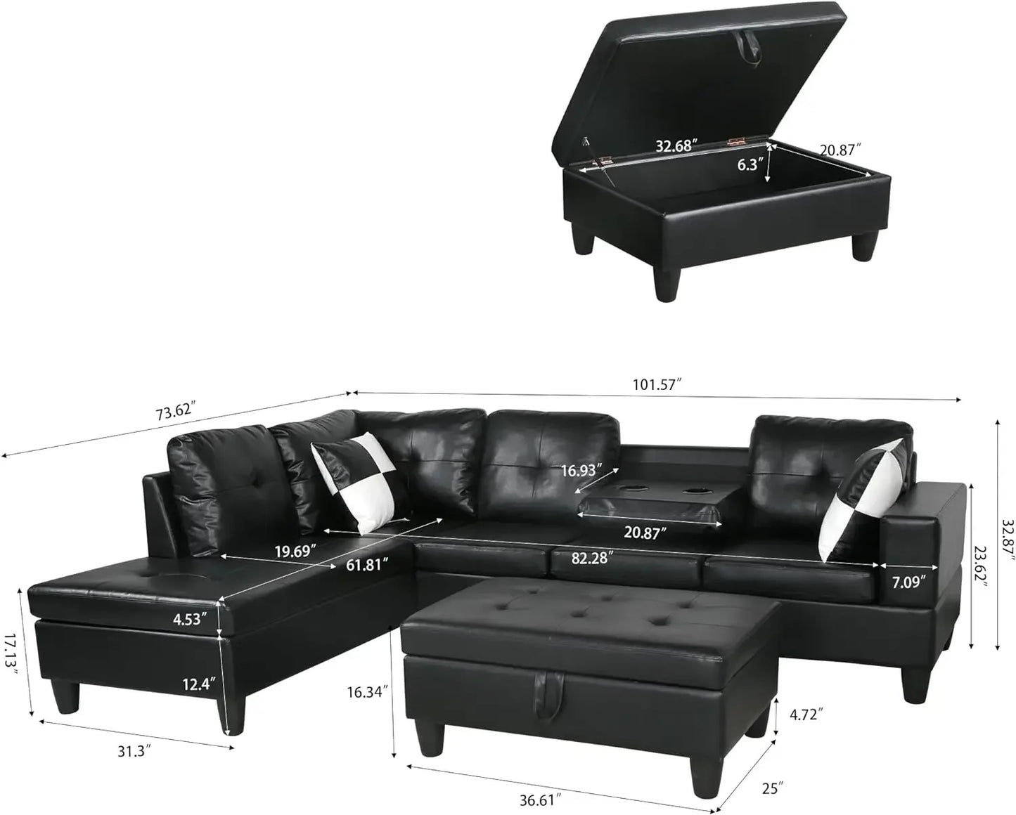 Living Room Furniture Sets,Reversible L-Shaped Sectional Sofa with Fabric Left Chaise,Storage Ottoman,Upholstered Coner Couch