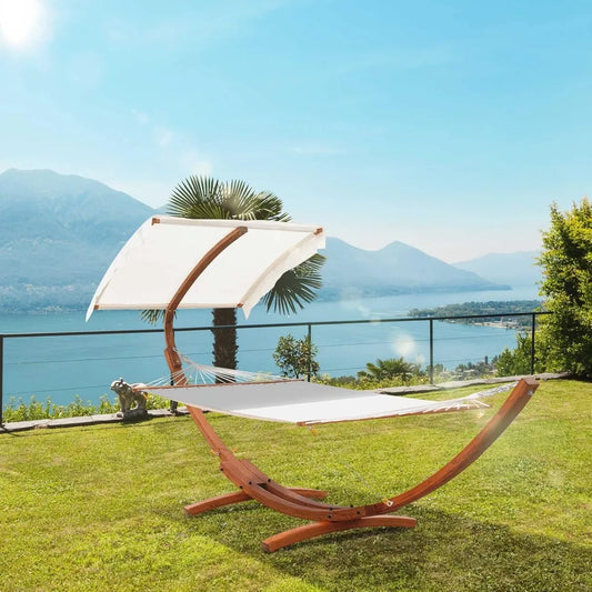 13FT Wooden Arc Hammock with Canopy