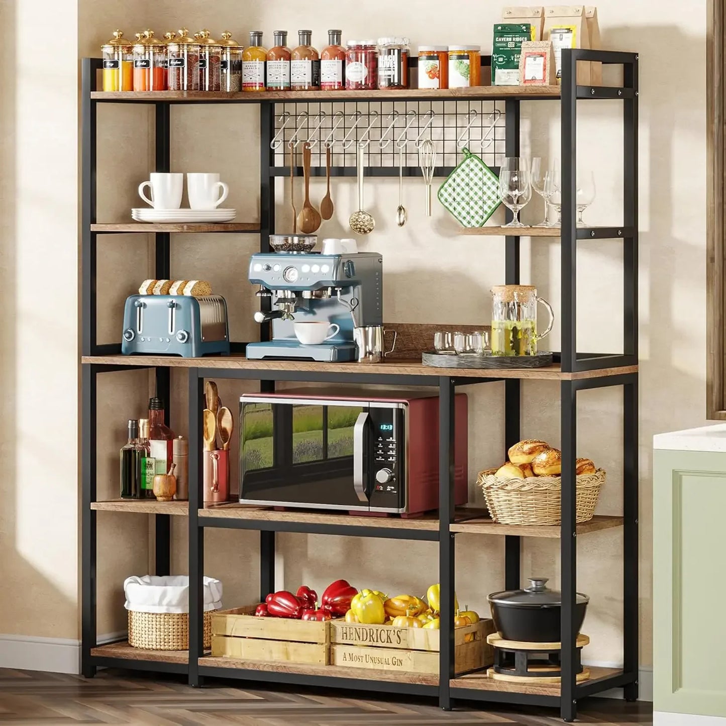 Large Bakers Rack, 55" Wide Kitchen Hutch Cabinet