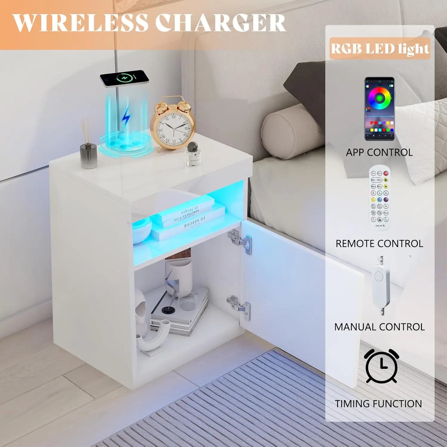 3-Piece Modern High Gloss LED Table Set with Wireless Charging Station