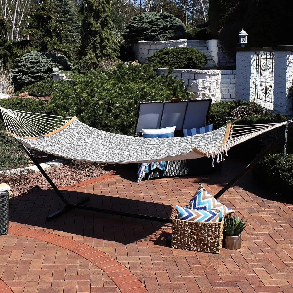 Polycotton Double Hammock with Curved Bamboo Foldable Spreader Bars