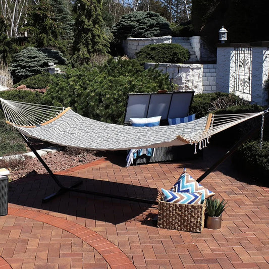 Polycotton Double Hammock with Curved Bamboo Foldable Spreader Bars