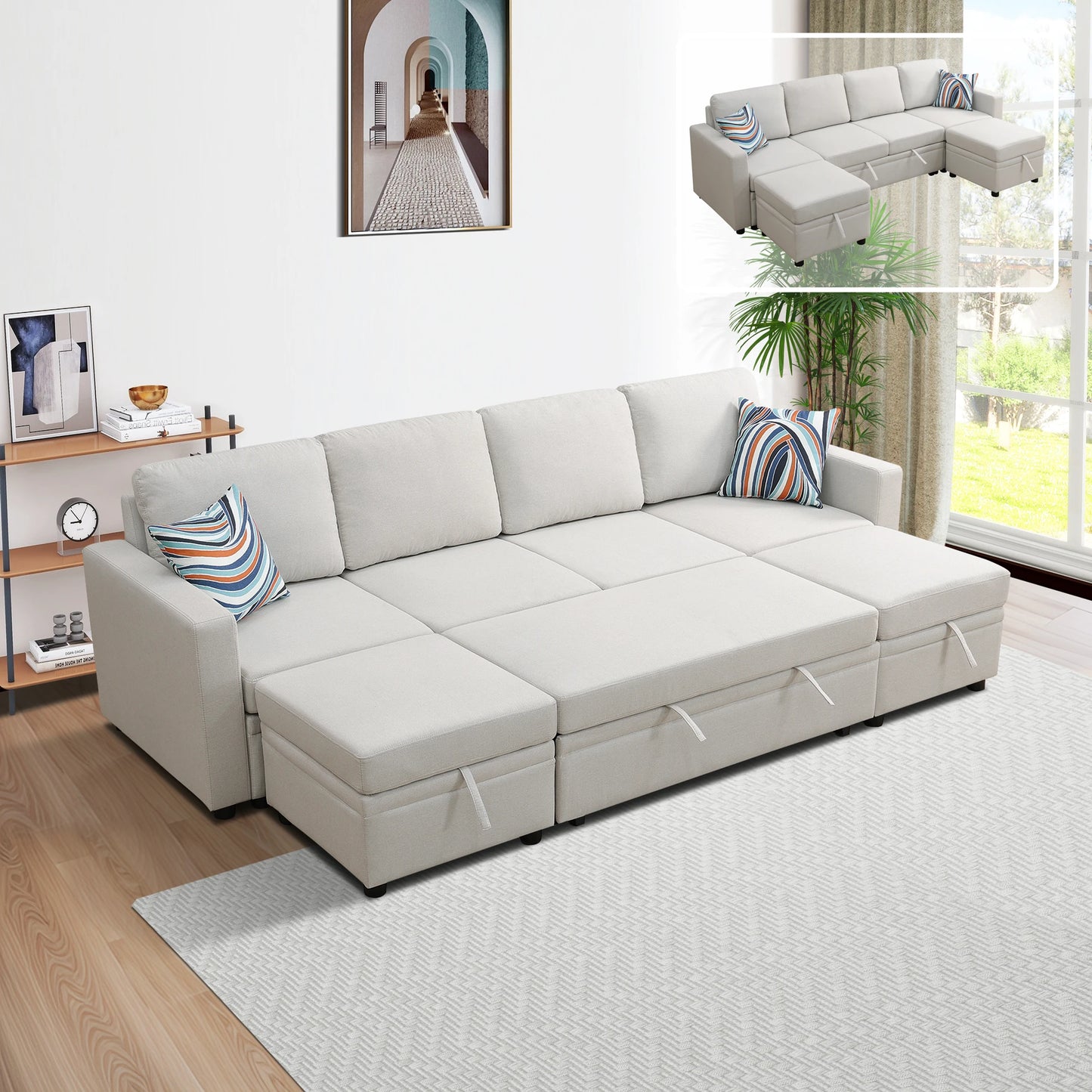 Off-White Sackcloth 6-Piece Living Room Sofa Bed