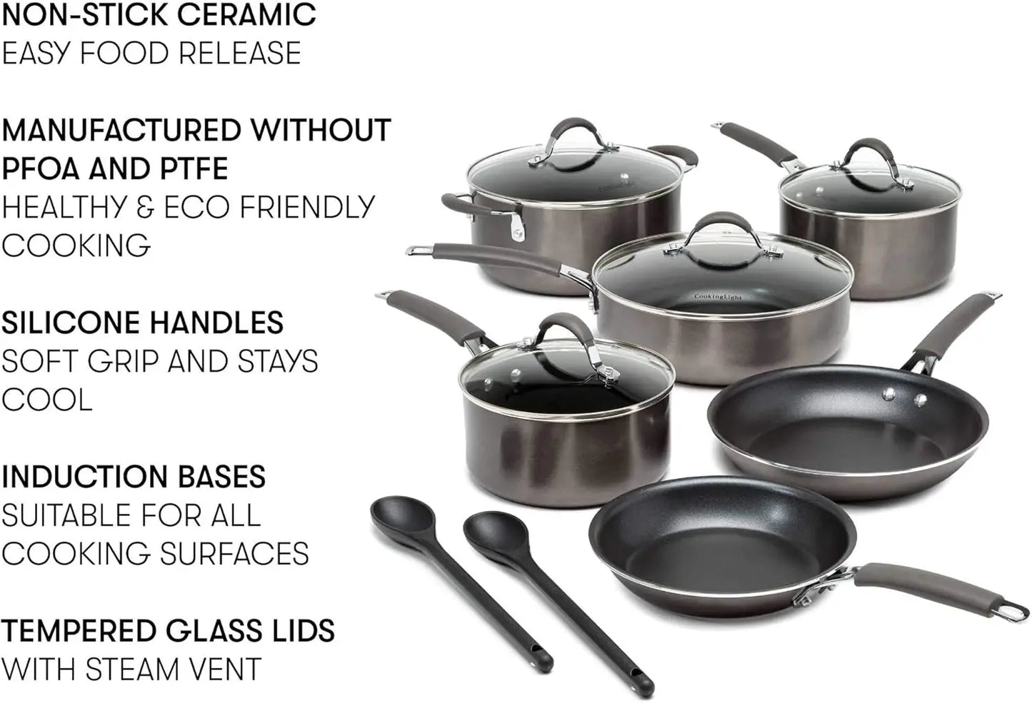 Cooking Light Nonstick Ceramic Pots and Pans Set with Silicone Stay Cool Handles