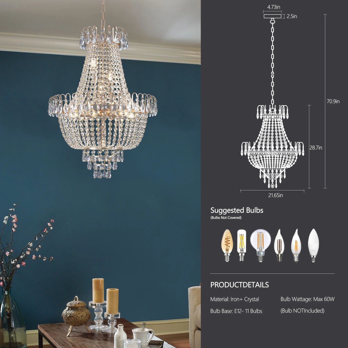 21.7" European Crystal Chandelier with Height Adjustable