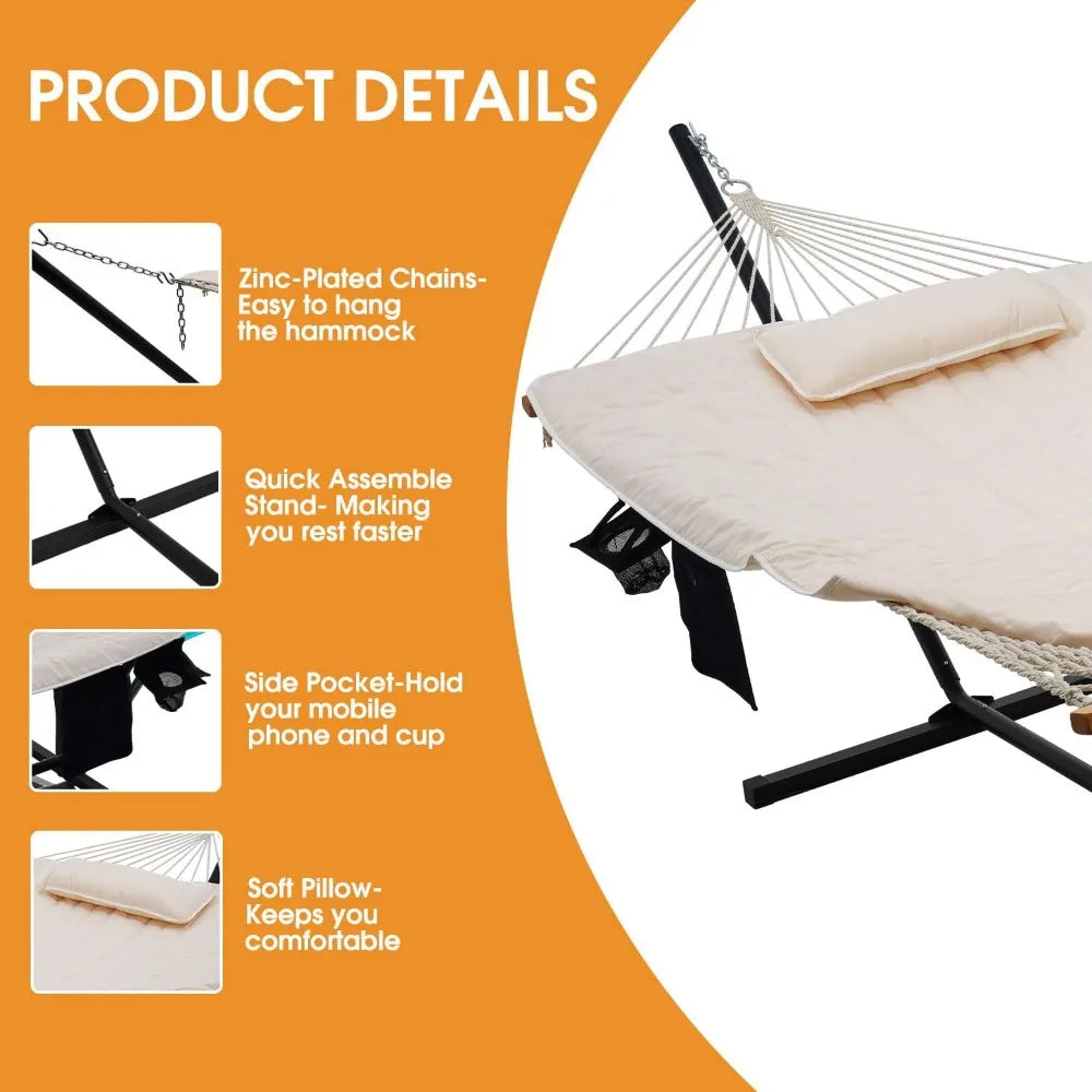 Double Outdoor Hammock with 12FT Steel Stand, 2 Persons