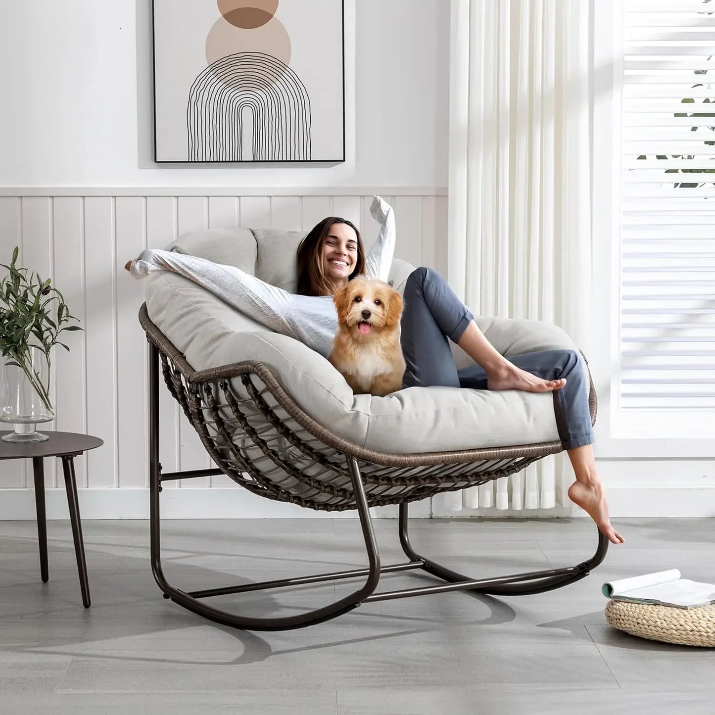Oversized Rocking Papasan Chair with Thick Cushion