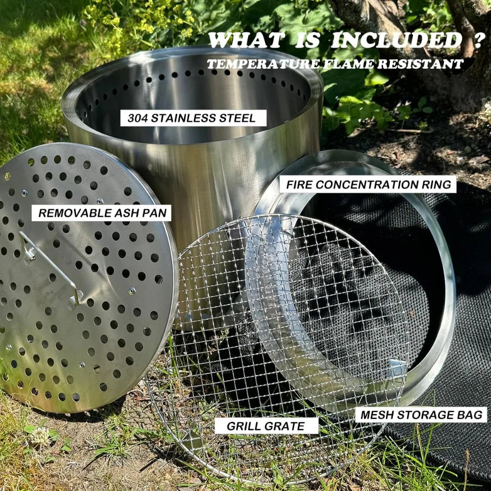 Stainless Wood Burning Fireplace with Grill and Removable Ash Pan