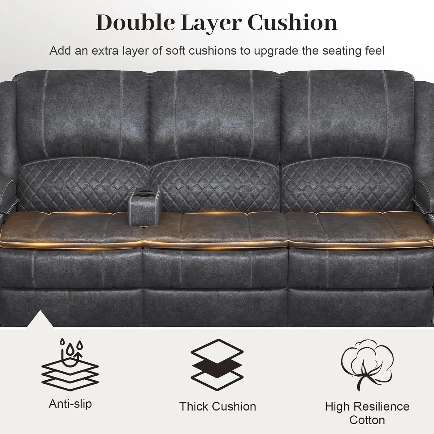 Recliner Sofa, 3 Seater with 2-Tier Cushion