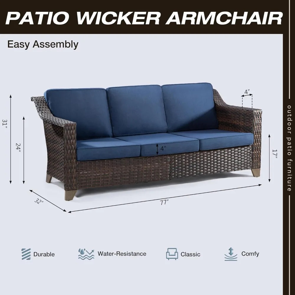 Patio Couch, All Weather Outdoor Rattan Wicker 3-Seat Sofa