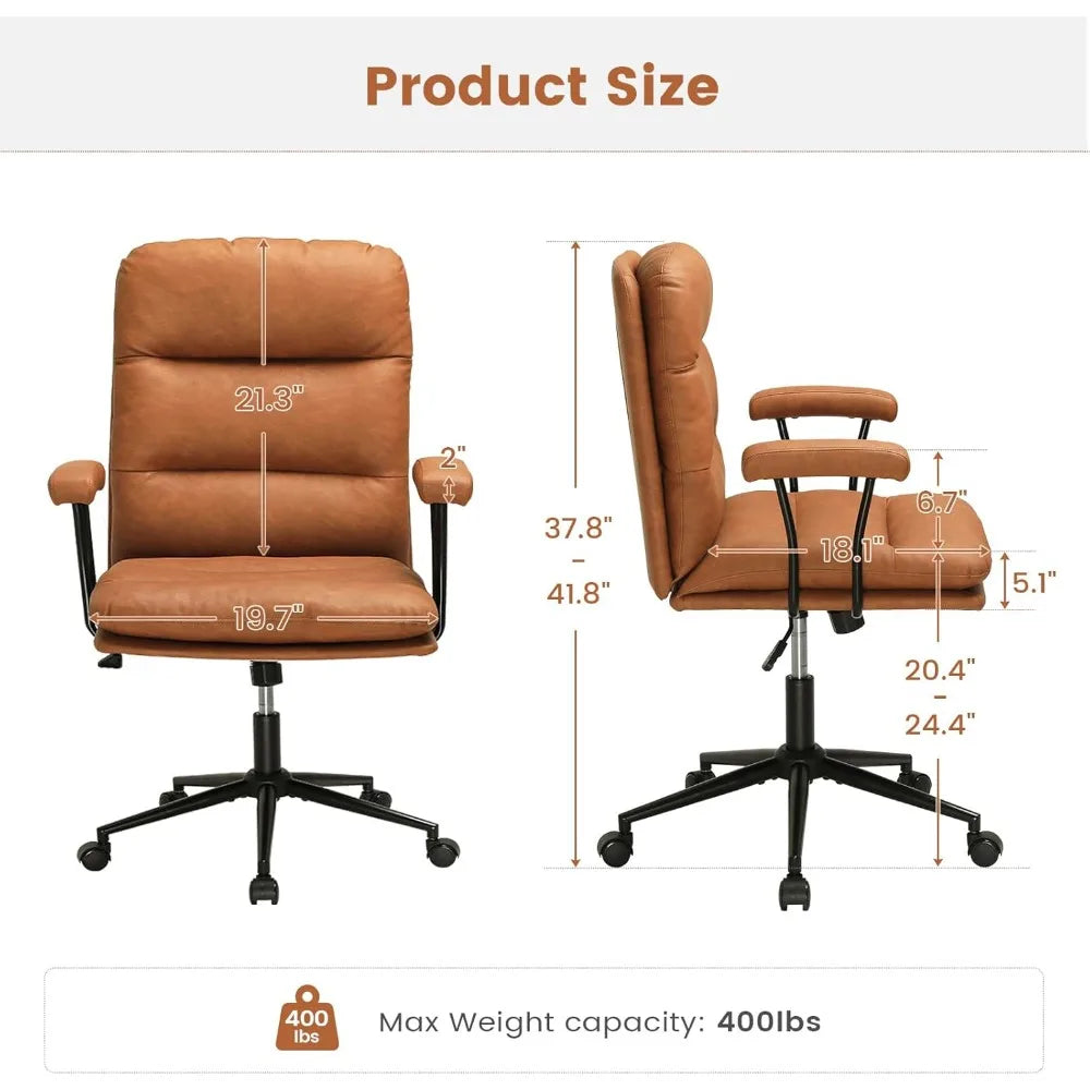 Brown Leather Mid Century Home Desk Chair with Padded Mid-Back Support