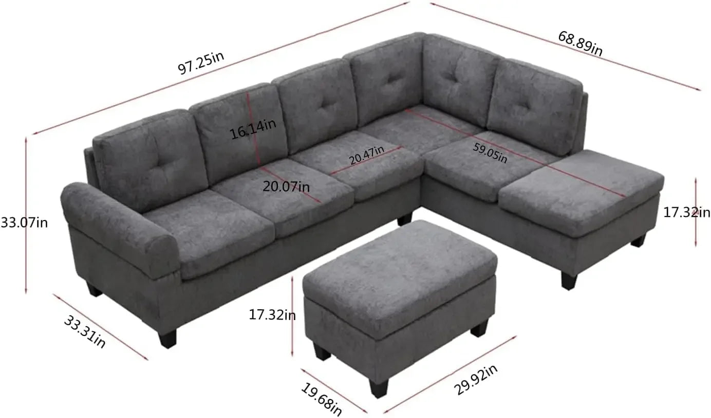Living Room Furniture Sets,Reversible L-Shaped Sectional Sofa with Fabric Left Chaise,Storage Ottoman,Upholstered Coner Couch
