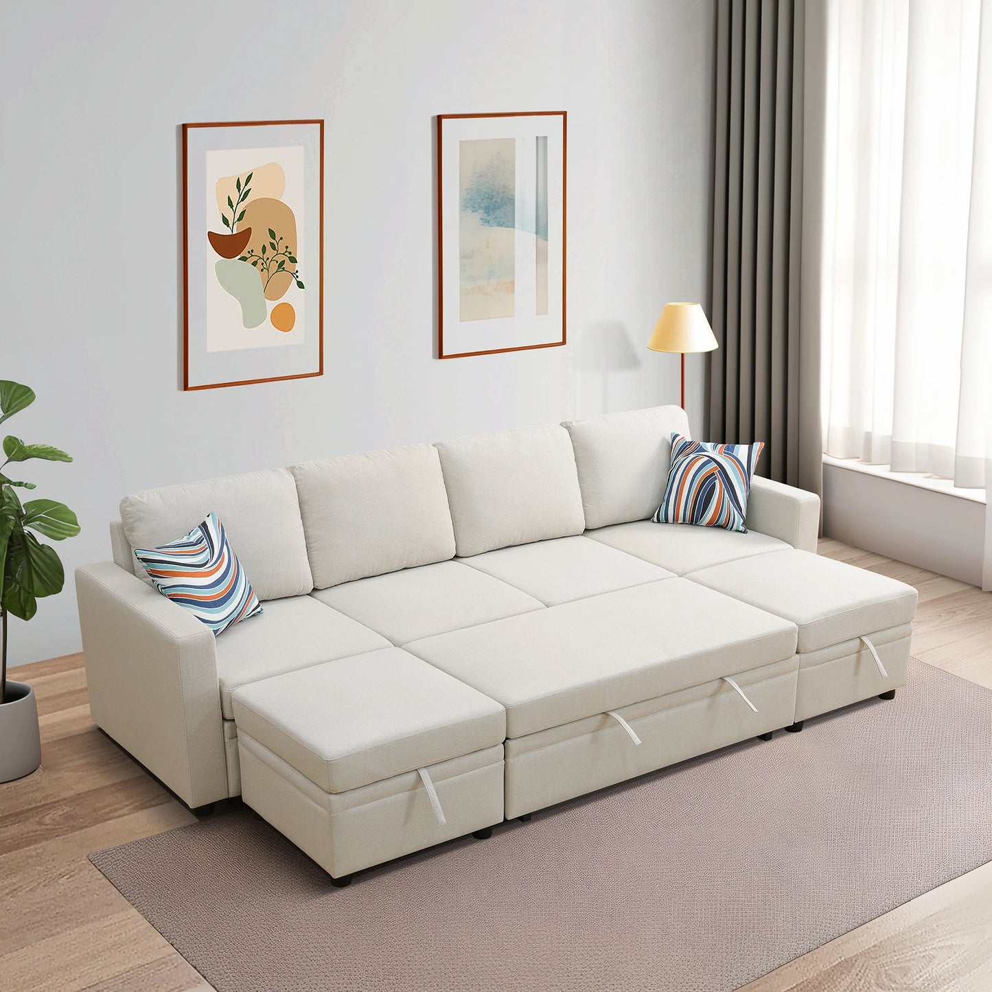 Off-White Sackcloth 6-Piece Living Room Sofa Bed