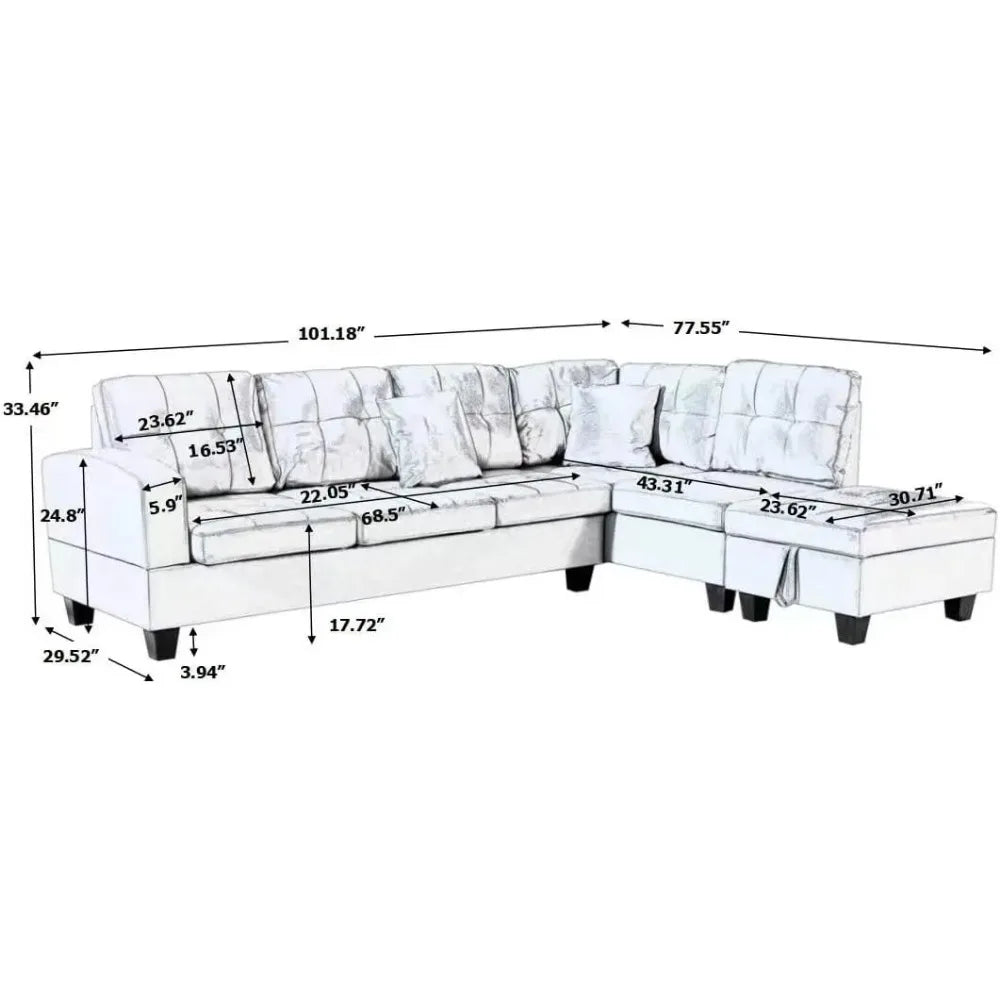 Living Room Furniture Sets,Reversible L-Shaped Sectional Sofa with Fabric Left Chaise,Storage Ottoman,Upholstered Coner Couch