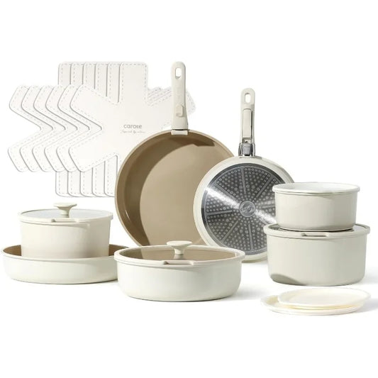 21pcs Detachable Handle Pots and Pan Set, Ceramic Nonstick Induction Cookware