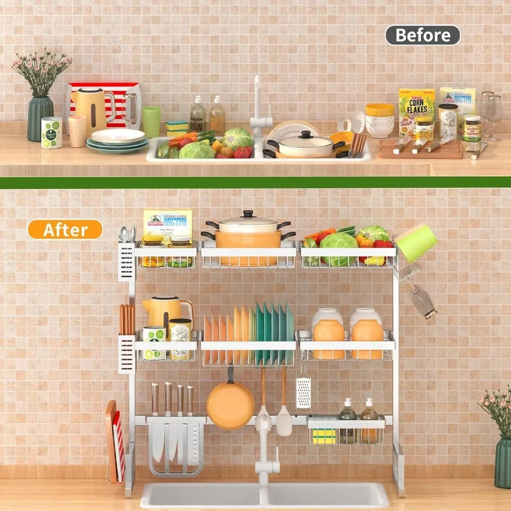 Adjustable Over Sink Dish Drying Rack 3 Tier