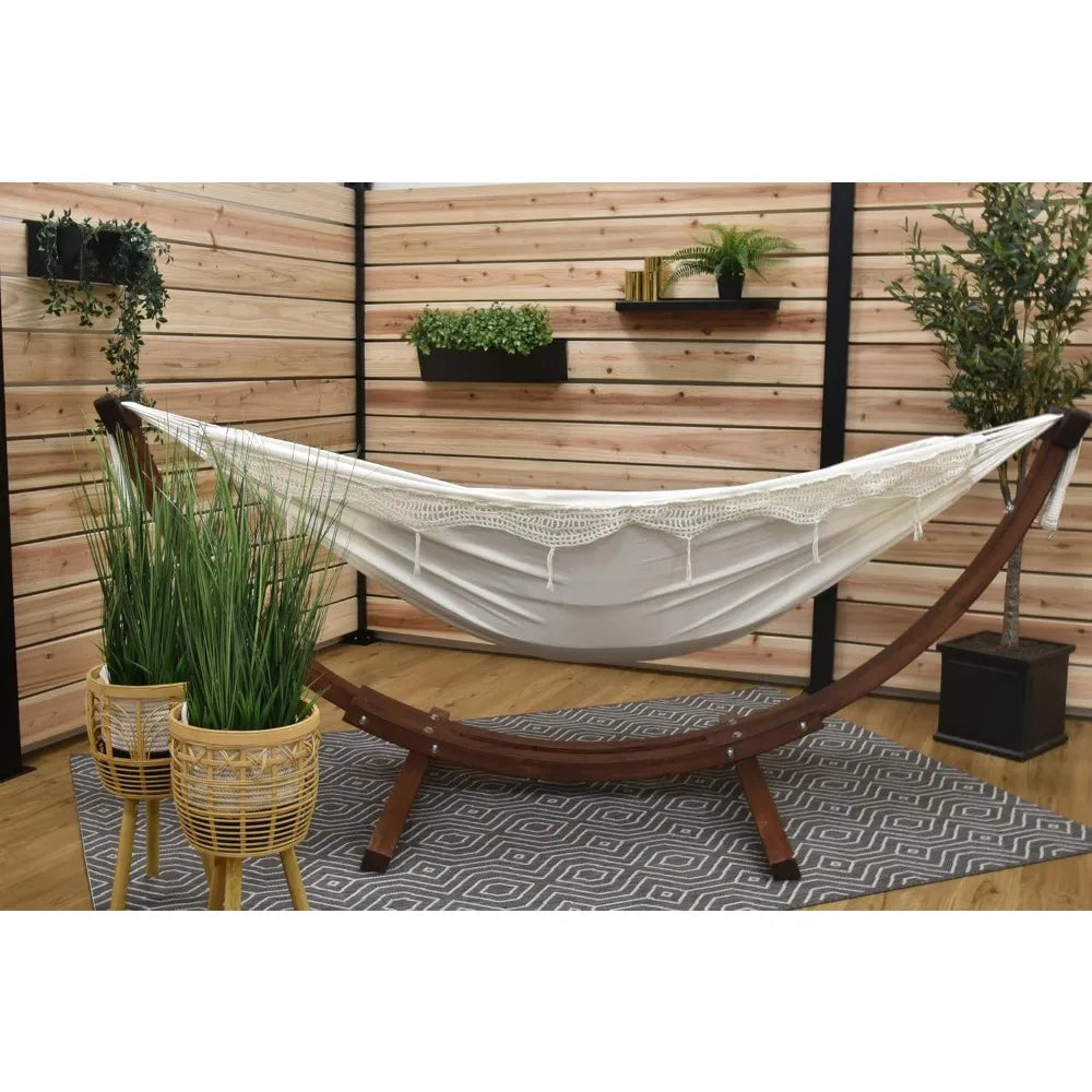 Double Cotton Hammock with Solid Pine Arc Stand