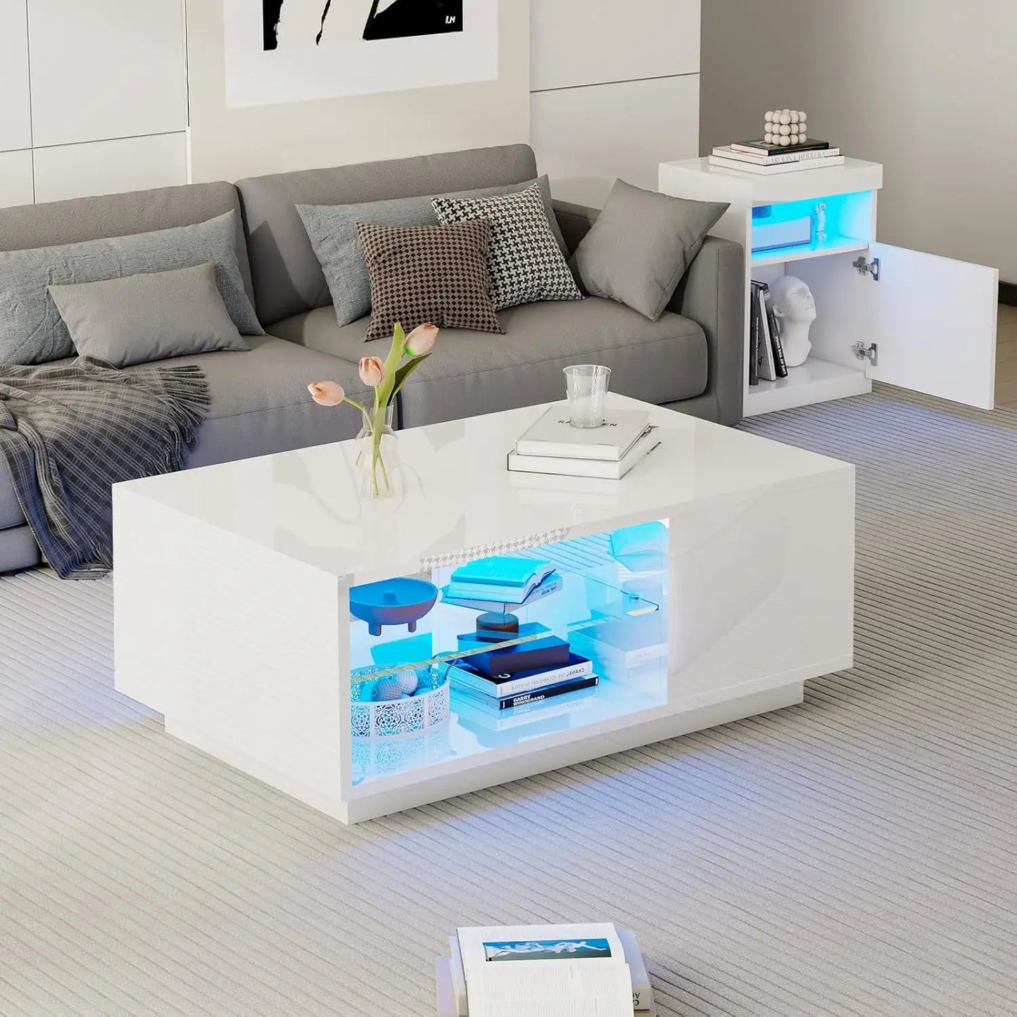 3-Piece Modern High Gloss LED Table Set with Wireless Charging Station