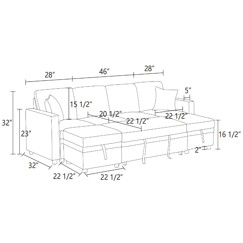 Off-White Sackcloth 6-Piece Living Room Sofa Bed