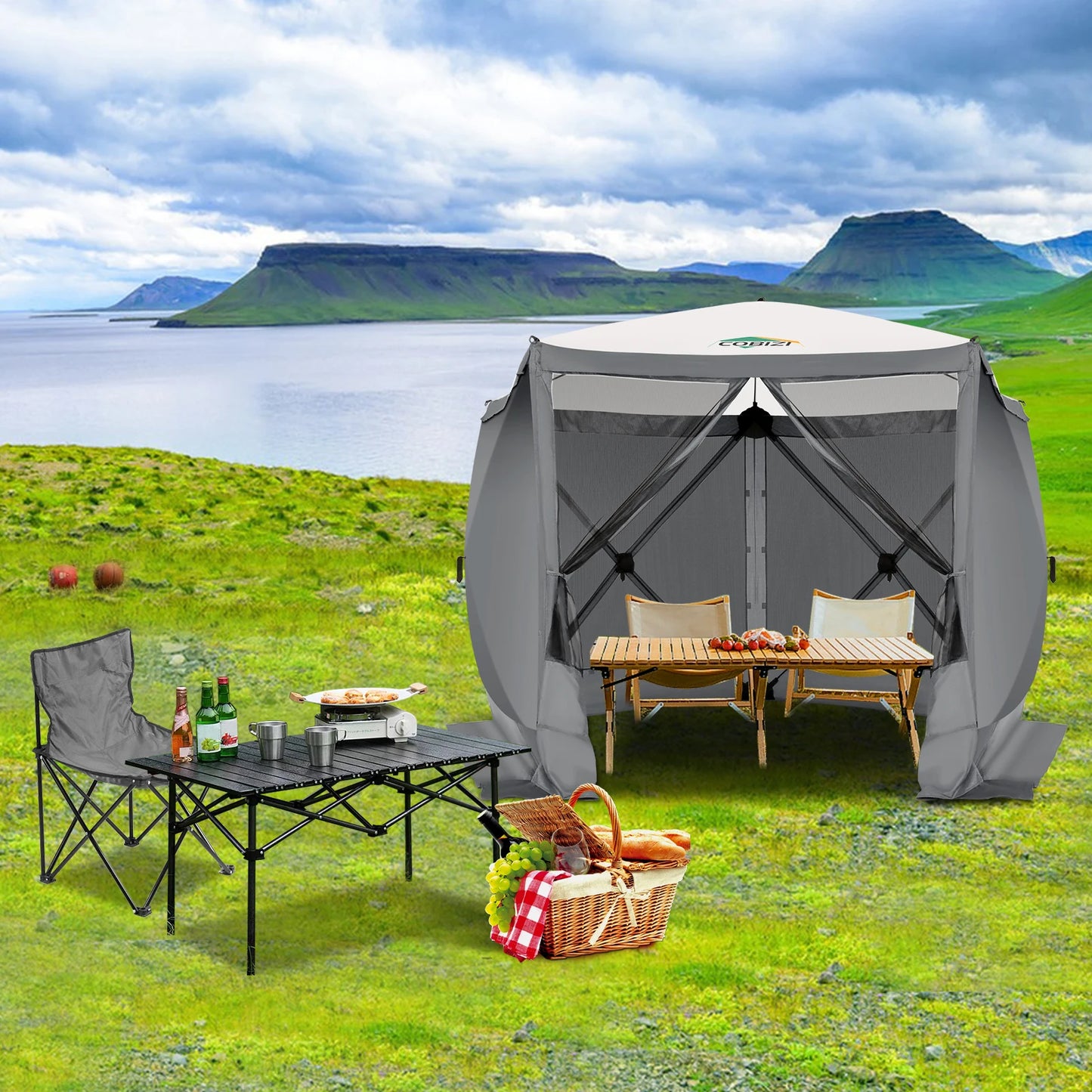 10x10ft, 5 Sided Portable Pop-up Canopy Shelter Tent with Mesh Windows