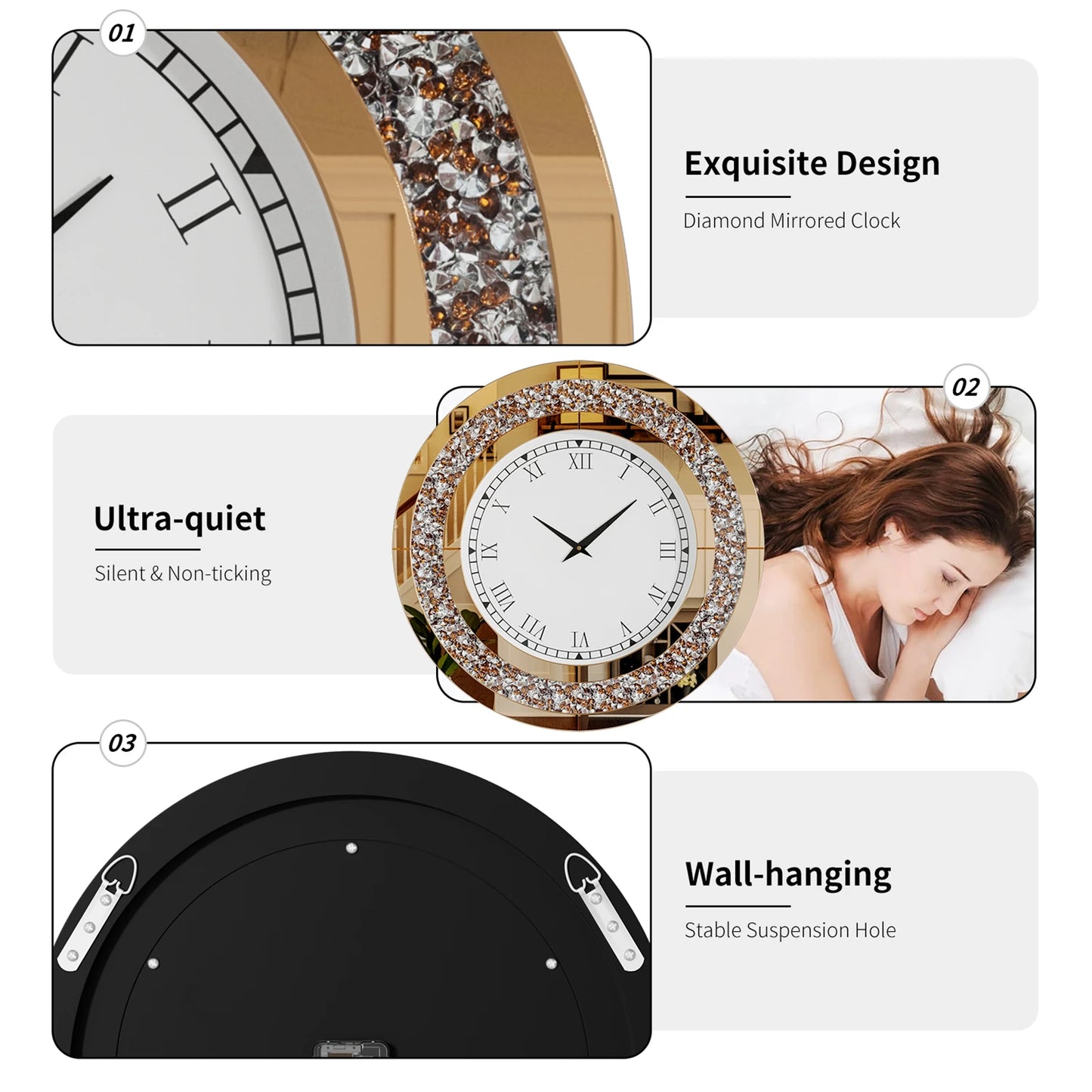 Bling Silver Round Mirror Clock