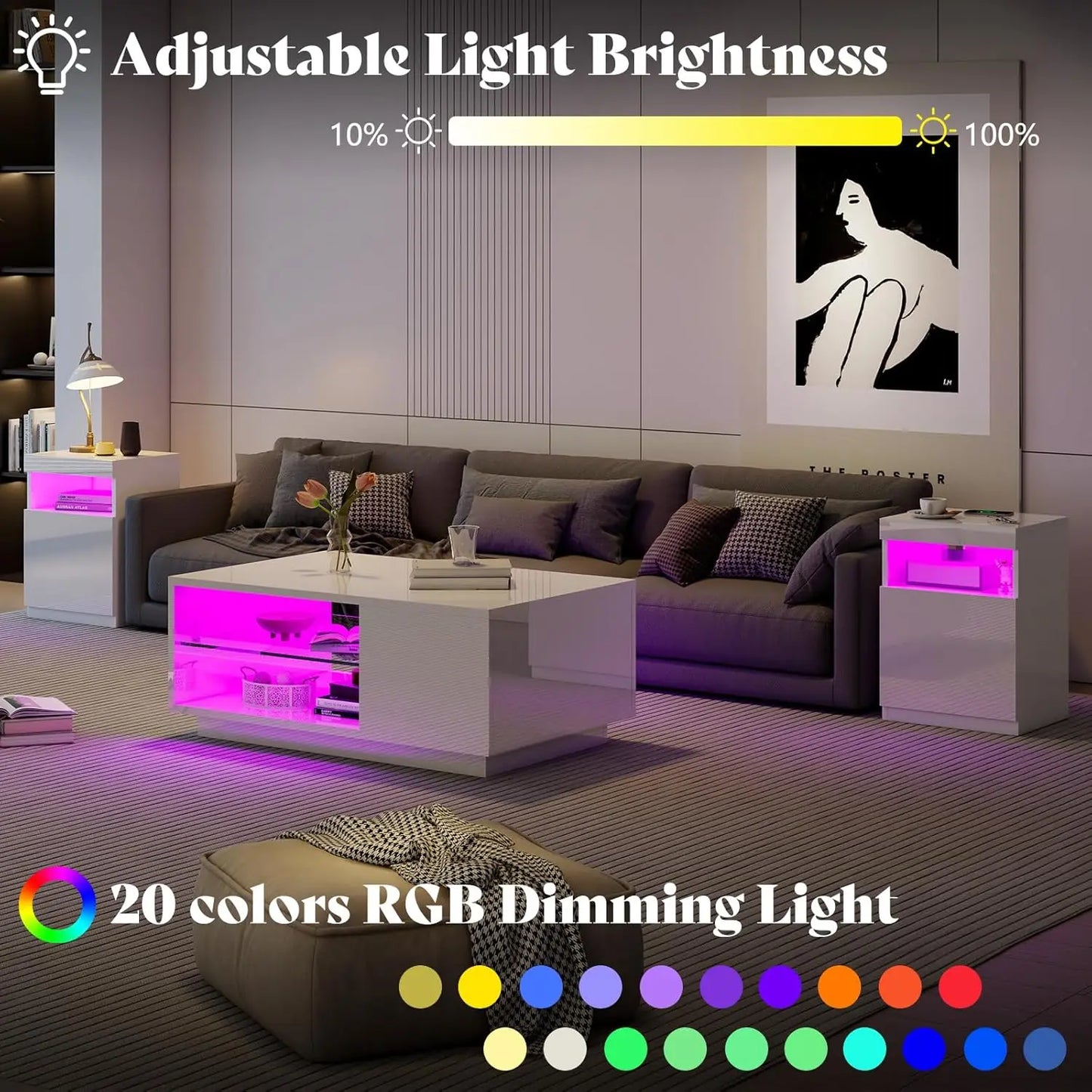 3-Piece Modern High Gloss LED Table Set with Wireless Charging Station