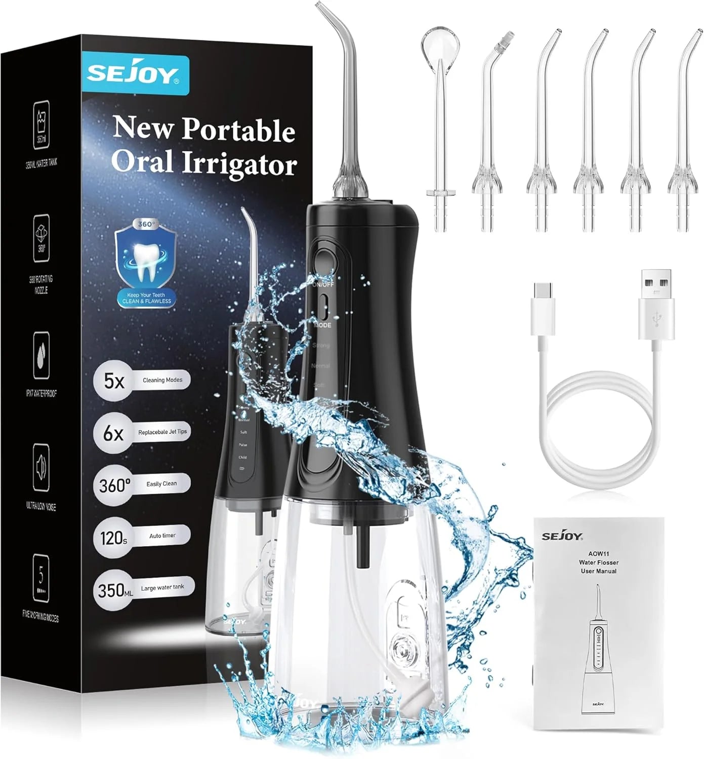 SEjOY Dental Oral lrrigator Teeth Cleaner Mouth Washing MachinePortable Water Flosser UsB Rechargeable