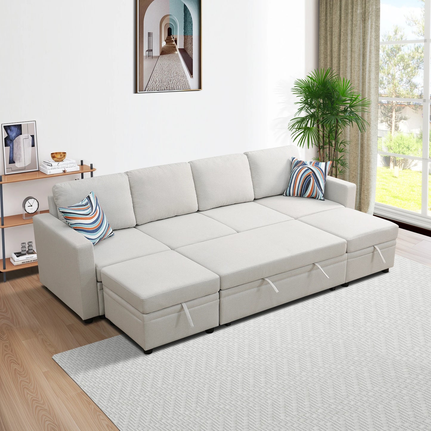 Off-White Sackcloth 6-Piece Living Room Sofa Bed