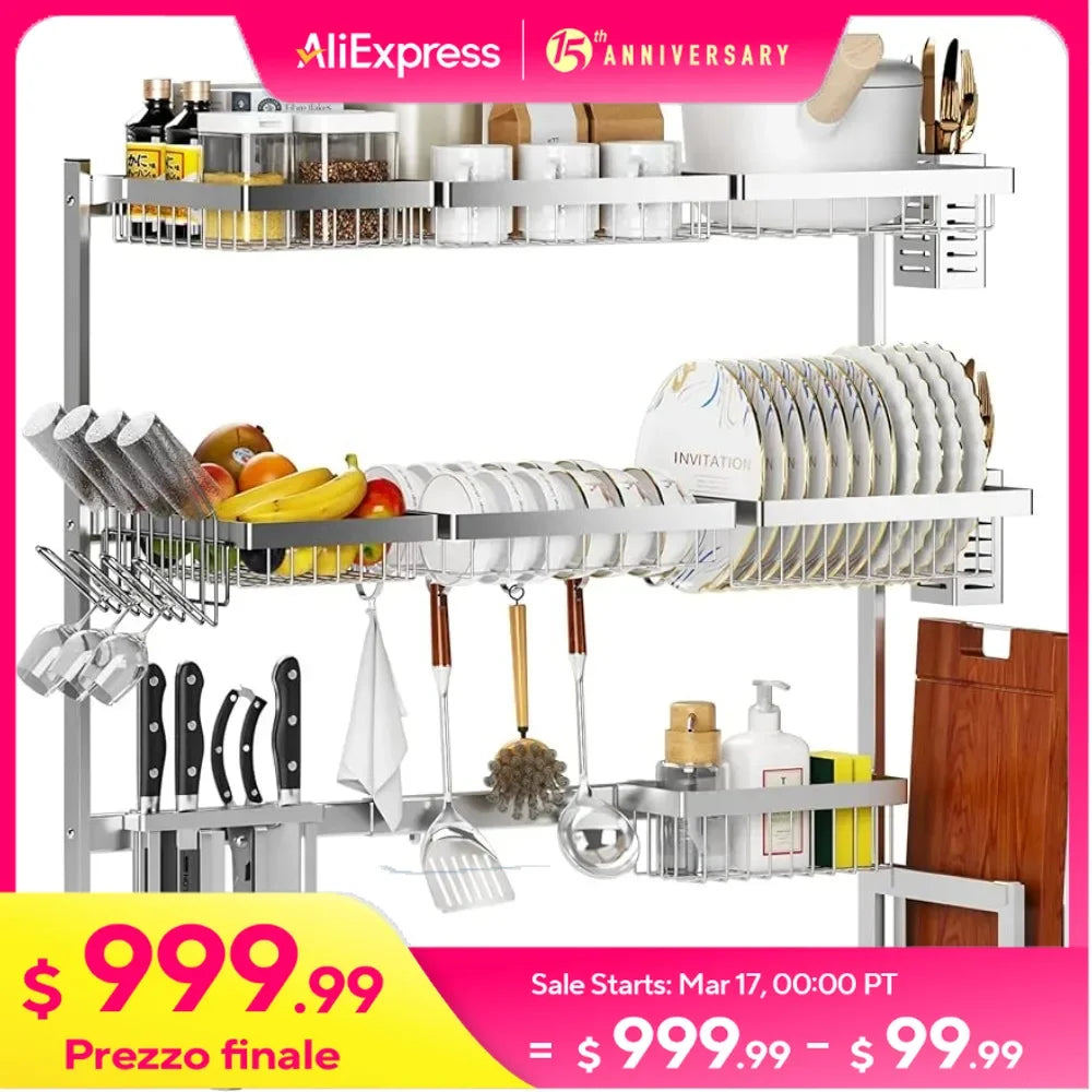 Adjustable Over Sink Dish Drying Rack 3 Tier