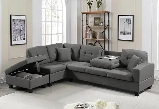 Living Room Furniture Sets,Reversible L-Shaped Sectional Sofa with Fabric Left Chaise,Storage Ottoman,Upholstered Coner Couch