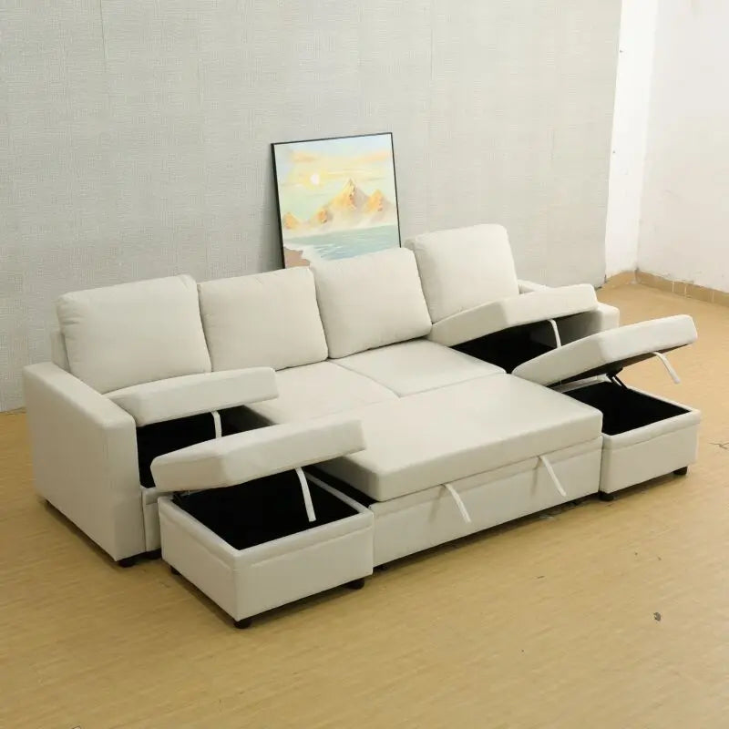 Off-White Sackcloth 6-Piece Living Room Sofa Bed