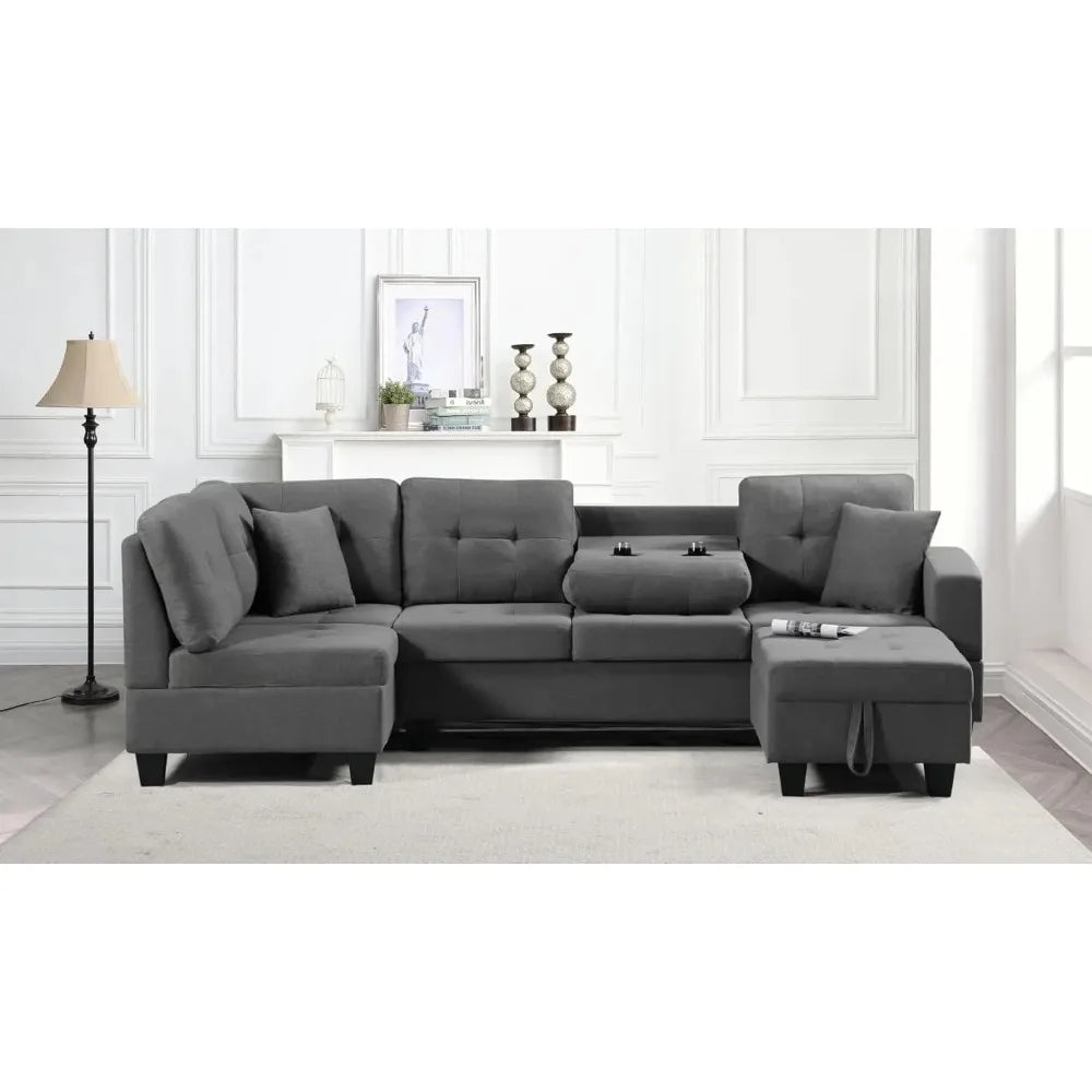 Living Room Furniture Sets,Reversible L-Shaped Sectional Sofa with Fabric Left Chaise,Storage Ottoman,Upholstered Coner Couch