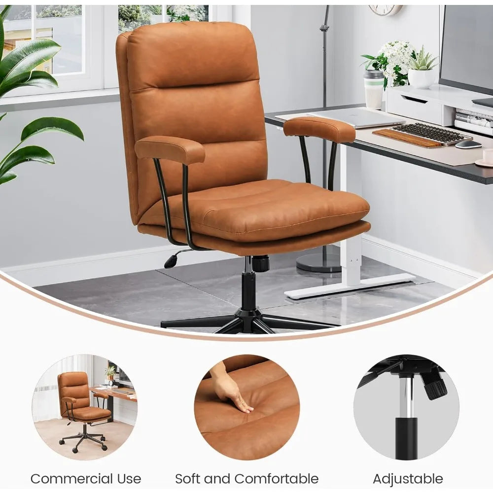 Brown Leather Mid Century Home Desk Chair with Padded Mid-Back Support