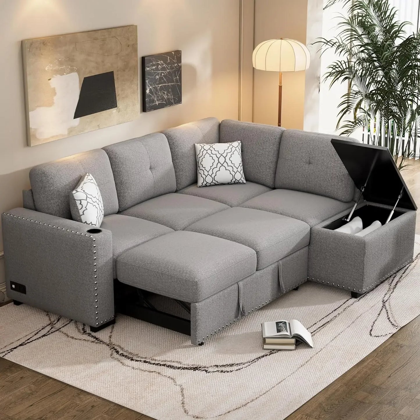 Living Room Furniture Sets,Reversible L-Shaped Sectional Sofa with Fabric Left Chaise,Storage Ottoman,Upholstered Coner Couch